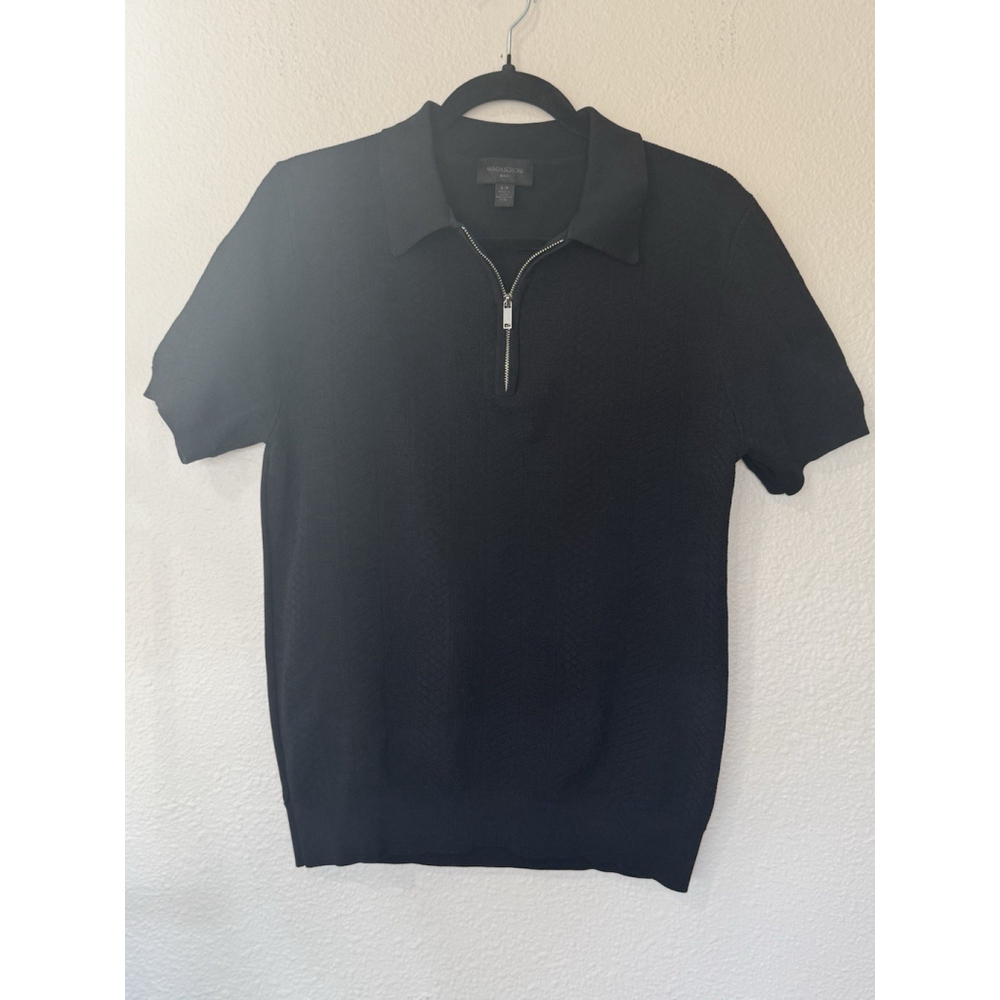 Magaschoni Man Black Merino Wool Blend Polo Sweater Small S Zip Neck